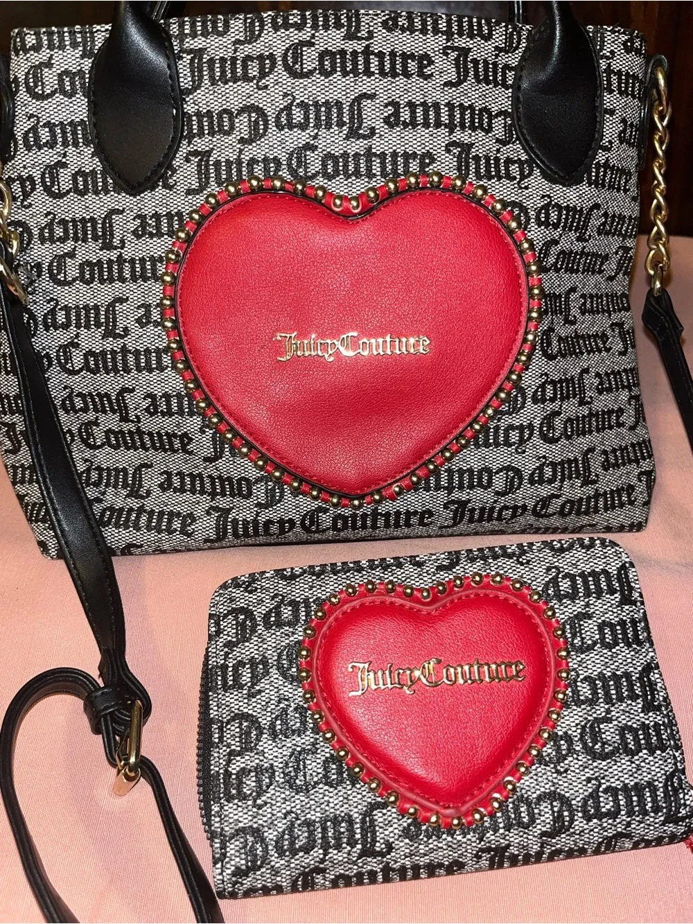 Juicy Couture Black & White Logo Satchel with Red Heart Accent & Wallet